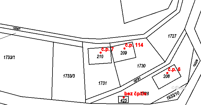 Bozkov 7 na parcele st. 210 v KÚ Bozkov, Katastrální mapa