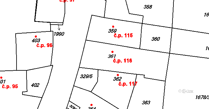 Kosmonosy 116 na parcele st. 361 v KÚ Kosmonosy, Katastrální mapa