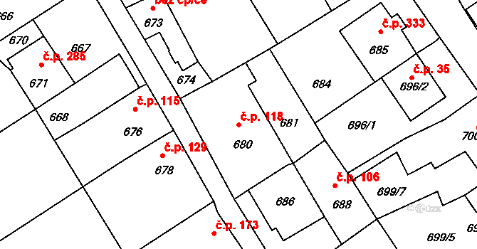 Doloplazy 118 na parcele st. 680 v KÚ Doloplazy u Olomouce, Katastrální mapa