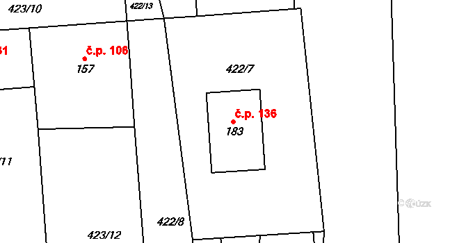 Kladeruby 136 na parcele st. 183 v KÚ Kladeruby, Katastrální mapa
