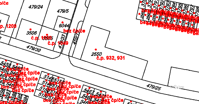 Horka-Domky 931,932, Třebíč na parcele st. 2550 v KÚ Třebíč, Katastrální mapa