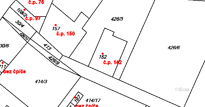 Nová Ves 142 na parcele st. 152 v KÚ Nová Ves u Nelahozevsi, Katastrální mapa