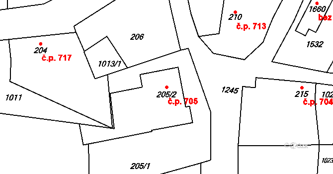 Bakov nad Jizerou 705 na parcele st. 205/2 v KÚ Bakov nad Jizerou, Katastrální mapa