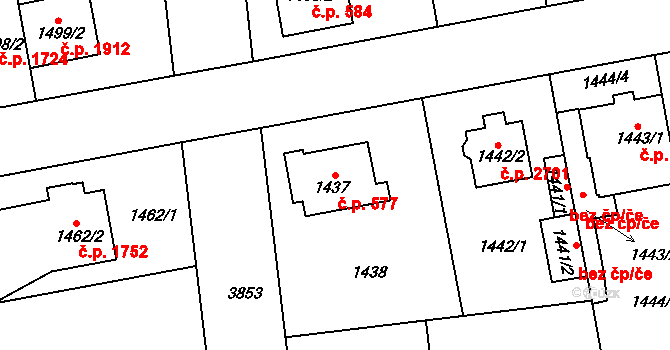 Horní Počernice 577, Praha na parcele st. 1437 v KÚ Horní Počernice, Katastrální mapa