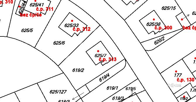 Malešice 313, Praha na parcele st. 625/7 v KÚ Malešice, Katastrální mapa