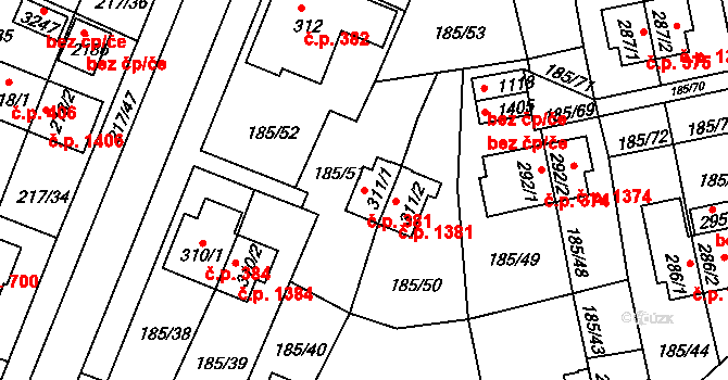 Sezimovo Ústí 381 na parcele st. 311/1 v KÚ Sezimovo Ústí, Katastrální mapa