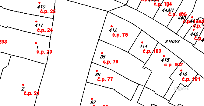 Ivančice 76 na parcele st. 85 v KÚ Ivančice, Katastrální mapa