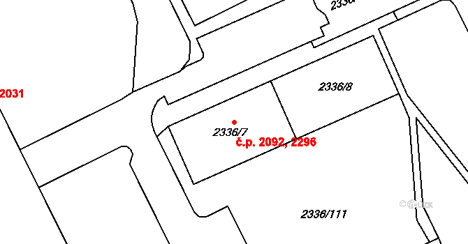 Východní Předměstí 2092,2296, Plzeň na parcele st. 2336/7 v KÚ Plzeň, Katastrální mapa