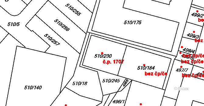 Hostivice 1707 na parcele st. 510/230 v KÚ Hostivice, Katastrální mapa