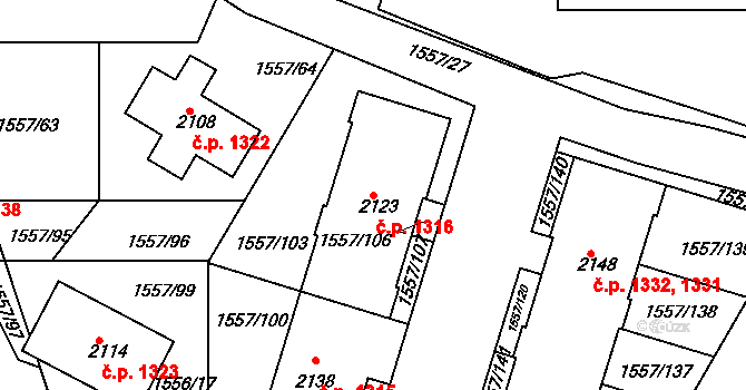 Rosice 1316 na parcele st. 2123 v KÚ Rosice u Brna, Katastrální mapa