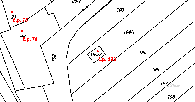 Postoupky 228, Kroměříž na parcele st. 194/2 v KÚ Miňůvky, Katastrální mapa