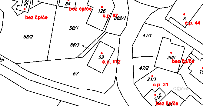 Olšany 172 na parcele st. 33 v KÚ Olšany nad Moravou, Katastrální mapa
