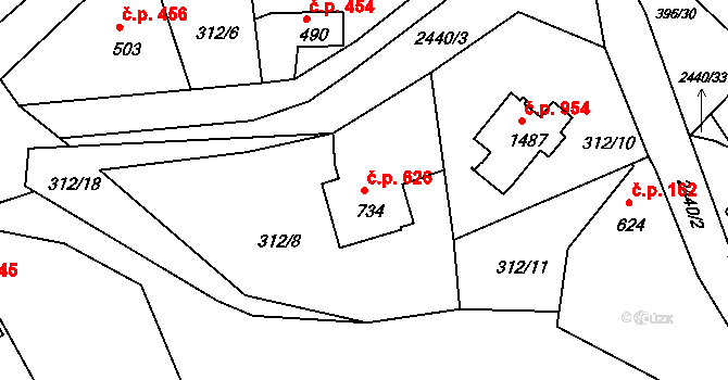 Luhačovice 626 na parcele st. 734 v KÚ Luhačovice, Katastrální mapa