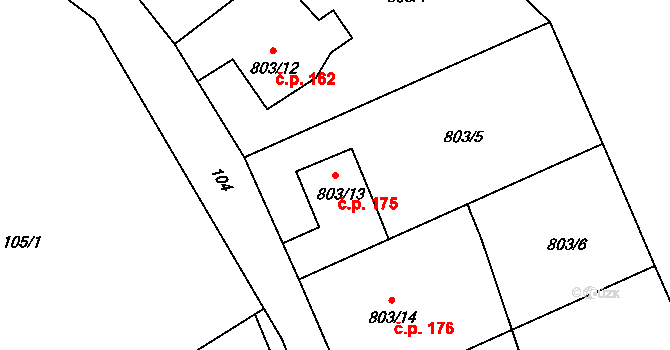 Chuchelná 175 na parcele st. 803/13 v KÚ Chuchelná, Katastrální mapa