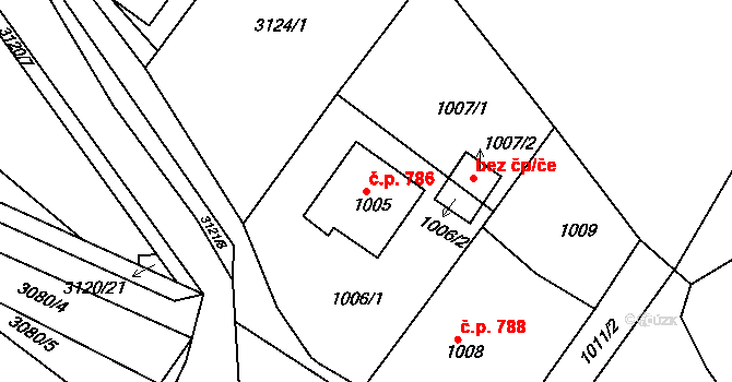 Buchlovice 786 na parcele st. 1005 v KÚ Buchlovice, Katastrální mapa