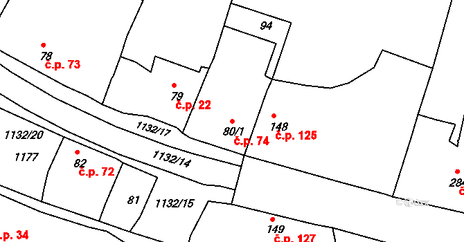 Byšice 74 na parcele st. 80/1 v KÚ Byšice, Katastrální mapa