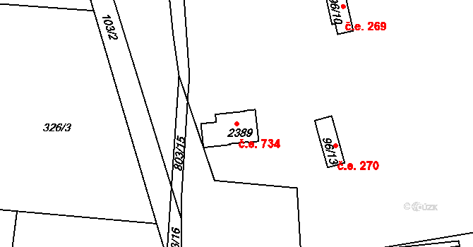 Brunšov 734, Hradištko na parcele st. 2389 v KÚ Hradištko pod Medníkem, Katastrální mapa