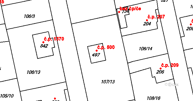 Rudná 500 na parcele st. 497 v KÚ Dušníky u Rudné, Katastrální mapa