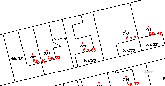 Jezbiny 66, Jaroměř na parcele st. 728 v KÚ Jezbiny, Katastrální mapa