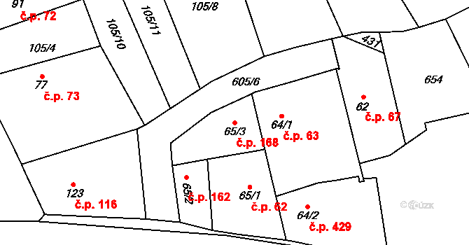 Rosice 168, Pardubice na parcele st. 65/3 v KÚ Rosice nad Labem, Katastrální mapa