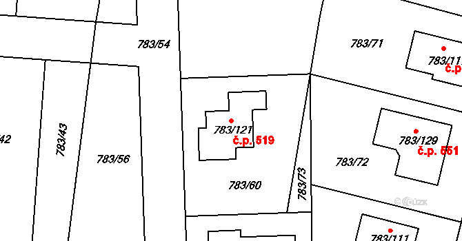 Senec 519, Zruč-Senec na parcele st. 783/121 v KÚ Senec u Plzně, Katastrální mapa