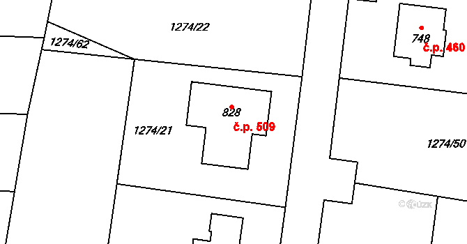 Doksy 509 na parcele st. 828 v KÚ Doksy u Kladna, Katastrální mapa