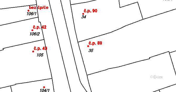 Merklín 89 na parcele st. 35 v KÚ Merklín u Přeštic, Katastrální mapa