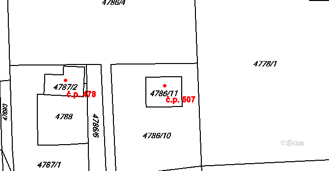Lískovec 507, Frýdek-Místek na parcele st. 4786/11 v KÚ Lískovec u Frýdku-Místku, Katastrální mapa