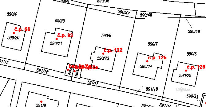 Dobruška 122 na parcele st. 590/23 v KÚ Dobruška, Katastrální mapa
