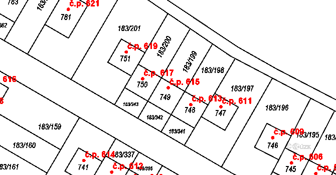 Postřižín 615 na parcele st. 749 v KÚ Postřižín, Katastrální mapa