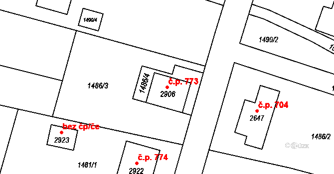 Hovězí 773 na parcele st. 2906 v KÚ Hovězí, Katastrální mapa