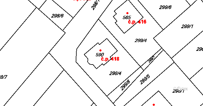Rokytnice 418 na parcele st. 590 v KÚ Rokytnice u Přerova, Katastrální mapa