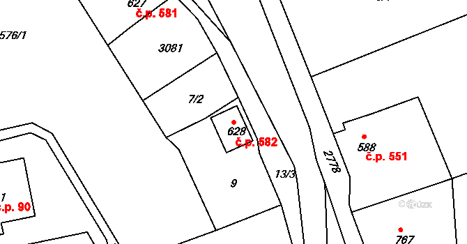 Luby 582 na parcele st. 628 v KÚ Luby I, Katastrální mapa