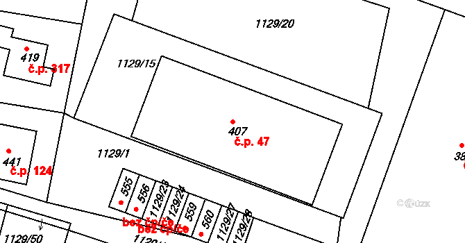 Doksy 47 na parcele st. 407 v KÚ Doksy u Kladna, Katastrální mapa