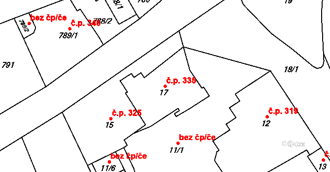 Staříč 335 na parcele st. 17 v KÚ Staříč, Katastrální mapa