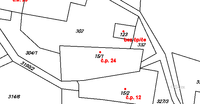 Přízeř 24, Rožmberk nad Vltavou na parcele st. 15/1 v KÚ Horní Jílovice, Katastrální mapa