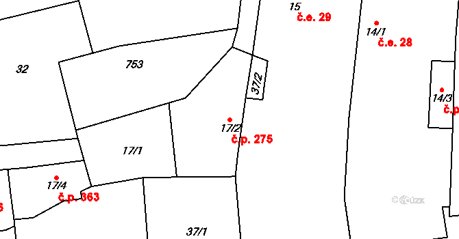 Vrbice 275, Mšené-lázně na parcele st. 17/2 v KÚ Vrbice u Mšeného-lázní, Katastrální mapa