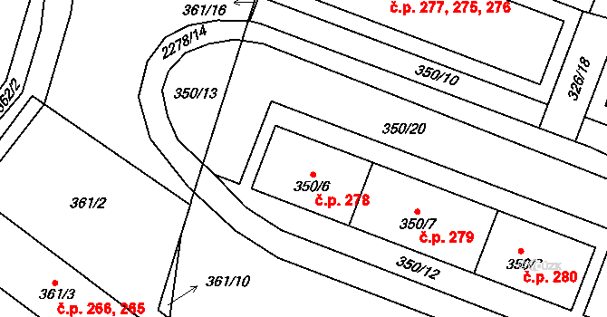 Košťálov 278 na parcele st. 350/6 v KÚ Košťálov, Katastrální mapa