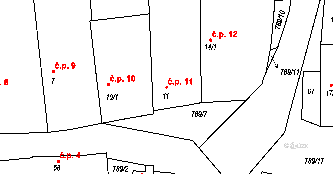 Hořešovičky 11 na parcele st. 11 v KÚ Hořešovičky, Katastrální mapa