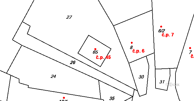 Střítež 45, Litochovice na parcele st. 65 v KÚ Střítež u Volyně, Katastrální mapa