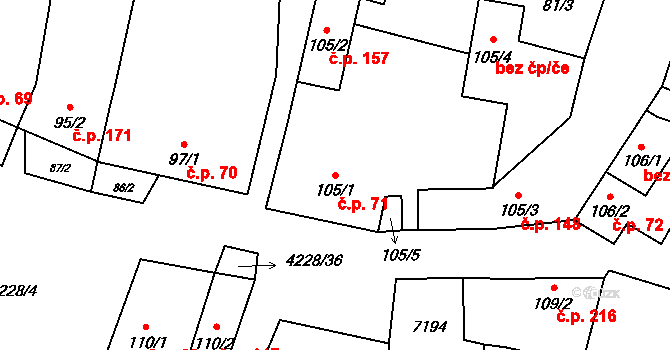 Mohelno 71 na parcele st. 105/1 v KÚ Mohelno, Katastrální mapa