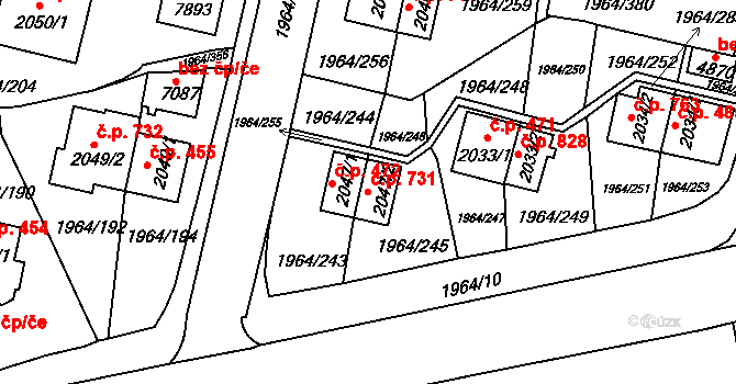 Borovina 731, Třebíč na parcele st. 2047/2 v KÚ Třebíč, Katastrální mapa