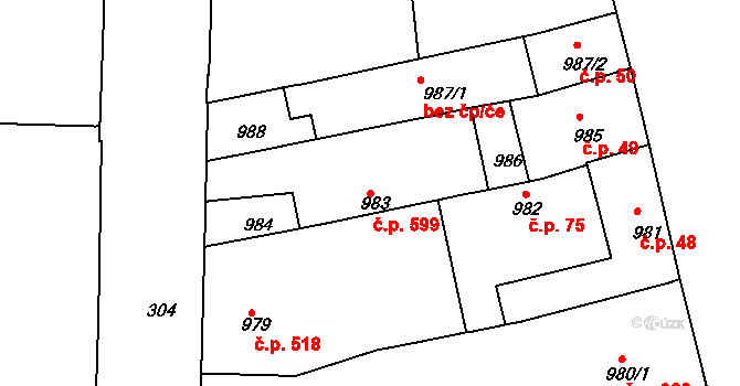 Zábrdovice 599, Brno na parcele st. 983 v KÚ Zábrdovice, Katastrální mapa