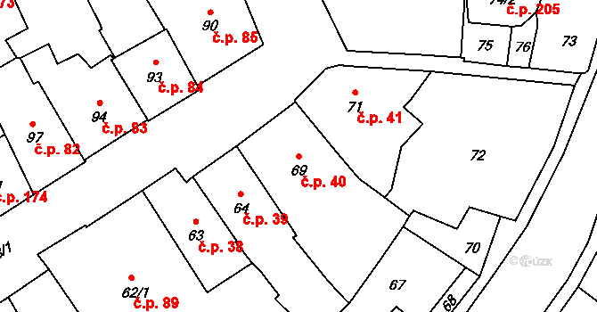 Pelhřimov 40 na parcele st. 69 v KÚ Pelhřimov, Katastrální mapa
