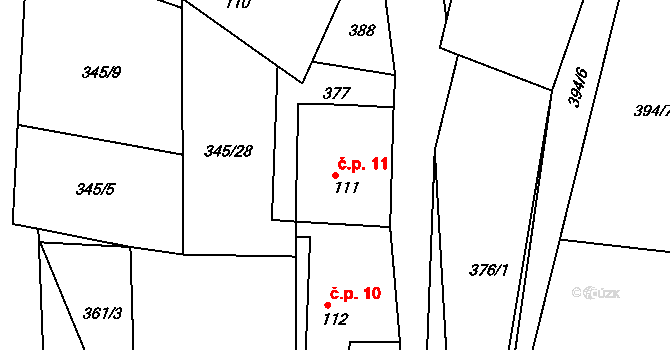 Stračovská Lhota 11, Mžany na parcele st. 111 v KÚ Stračovská Lhota, Katastrální mapa