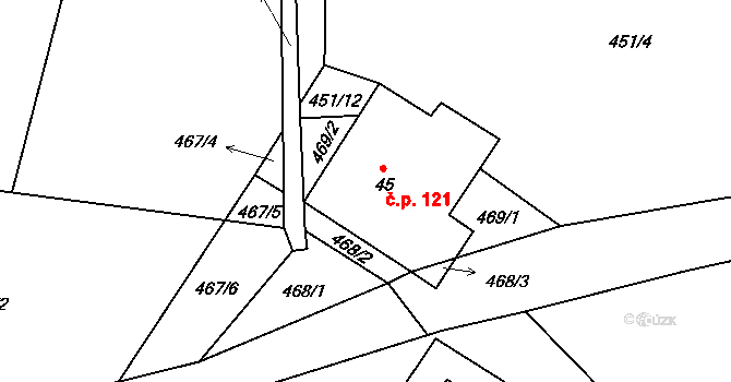 Milíře 121 na parcele st. 45 v KÚ Milíře u Tachova, Katastrální mapa
