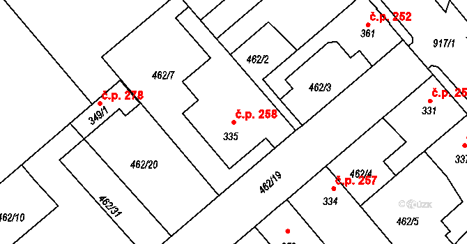 Borohrádek 258 na parcele st. 335 v KÚ Borohrádek, Katastrální mapa