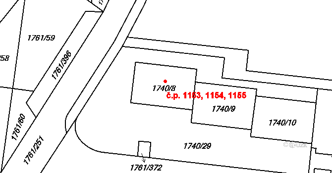Hostivař 1153,1154,1155, Praha na parcele st. 1740/8 v KÚ Hostivař, Katastrální mapa