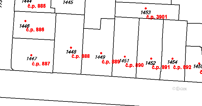 Prostějov 889 na parcele st. 1449 v KÚ Prostějov, Katastrální mapa