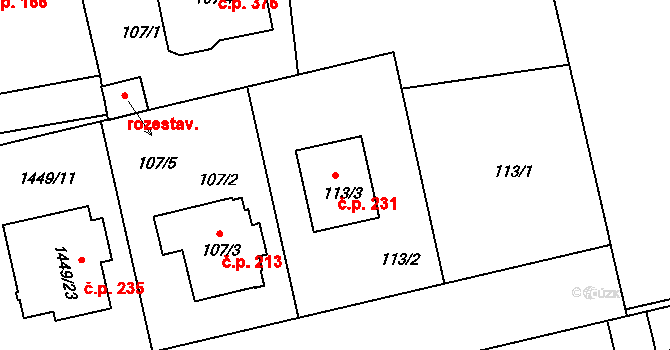 Šeberov 231, Praha na parcele st. 113/3 v KÚ Šeberov, Katastrální mapa